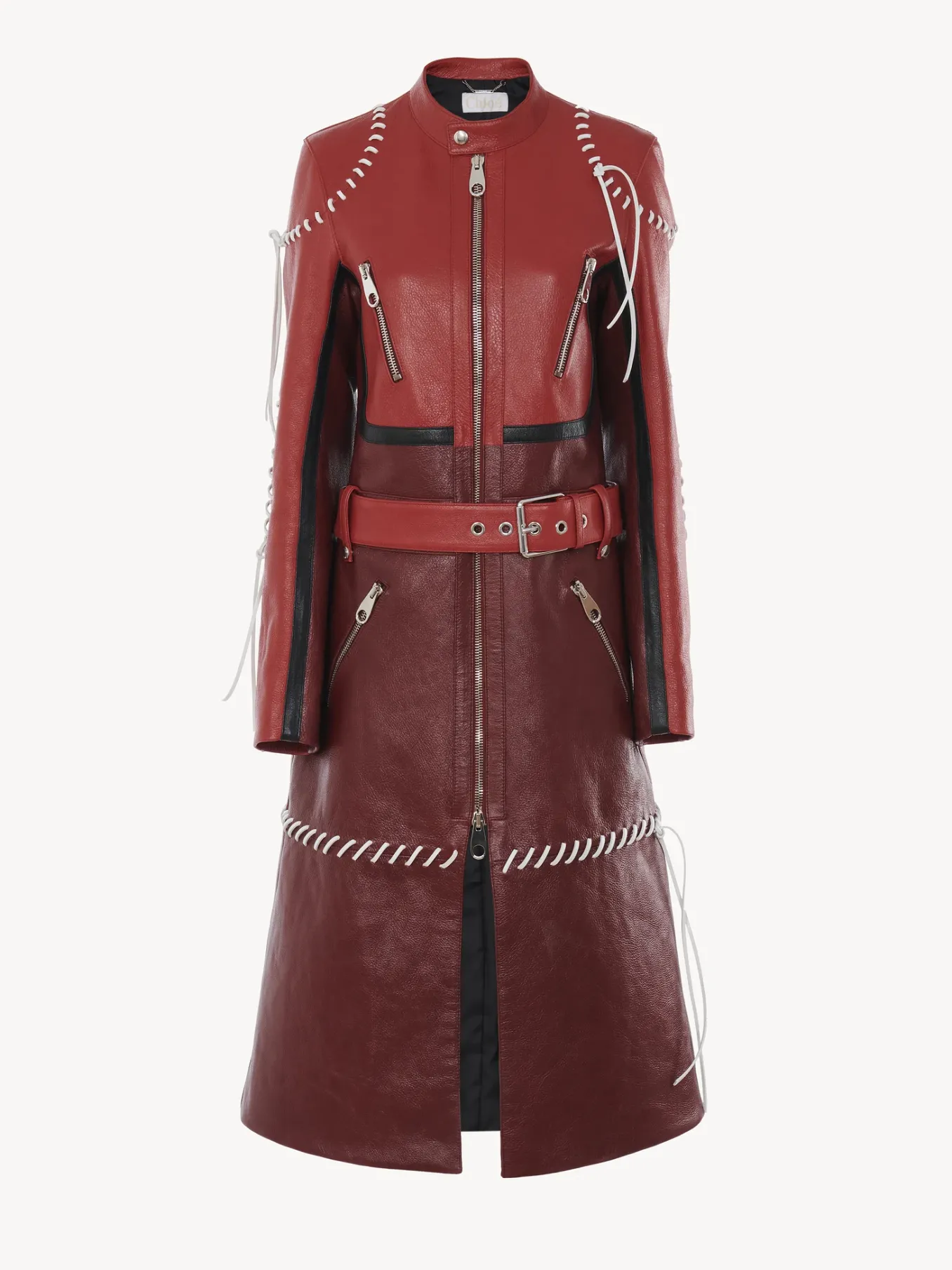 Cuir-Chloé Manteau Biker Long A Lacets Purple - Red 1