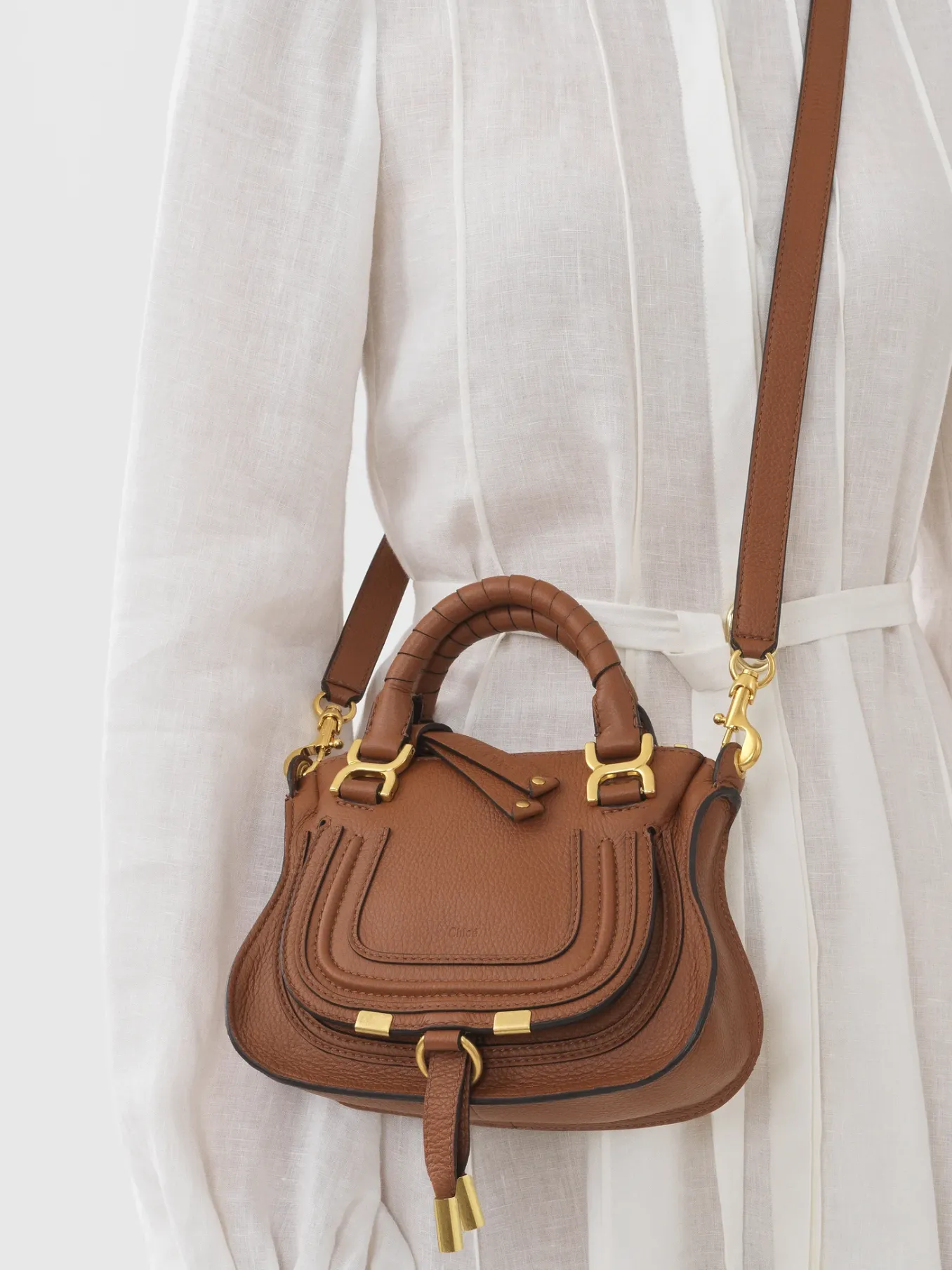 Sacs À Bandoulière-Chloé Mini Sac Double Porte Marcie Tan