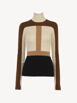 Maille-Chloé Pull Col Roule Ajuste Color Block Multicolor Brown 1