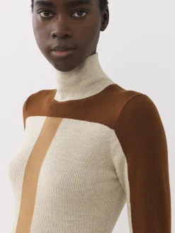 Maille-Chloé Pull Col Roule Ajuste Color Block Multicolor Brown 1