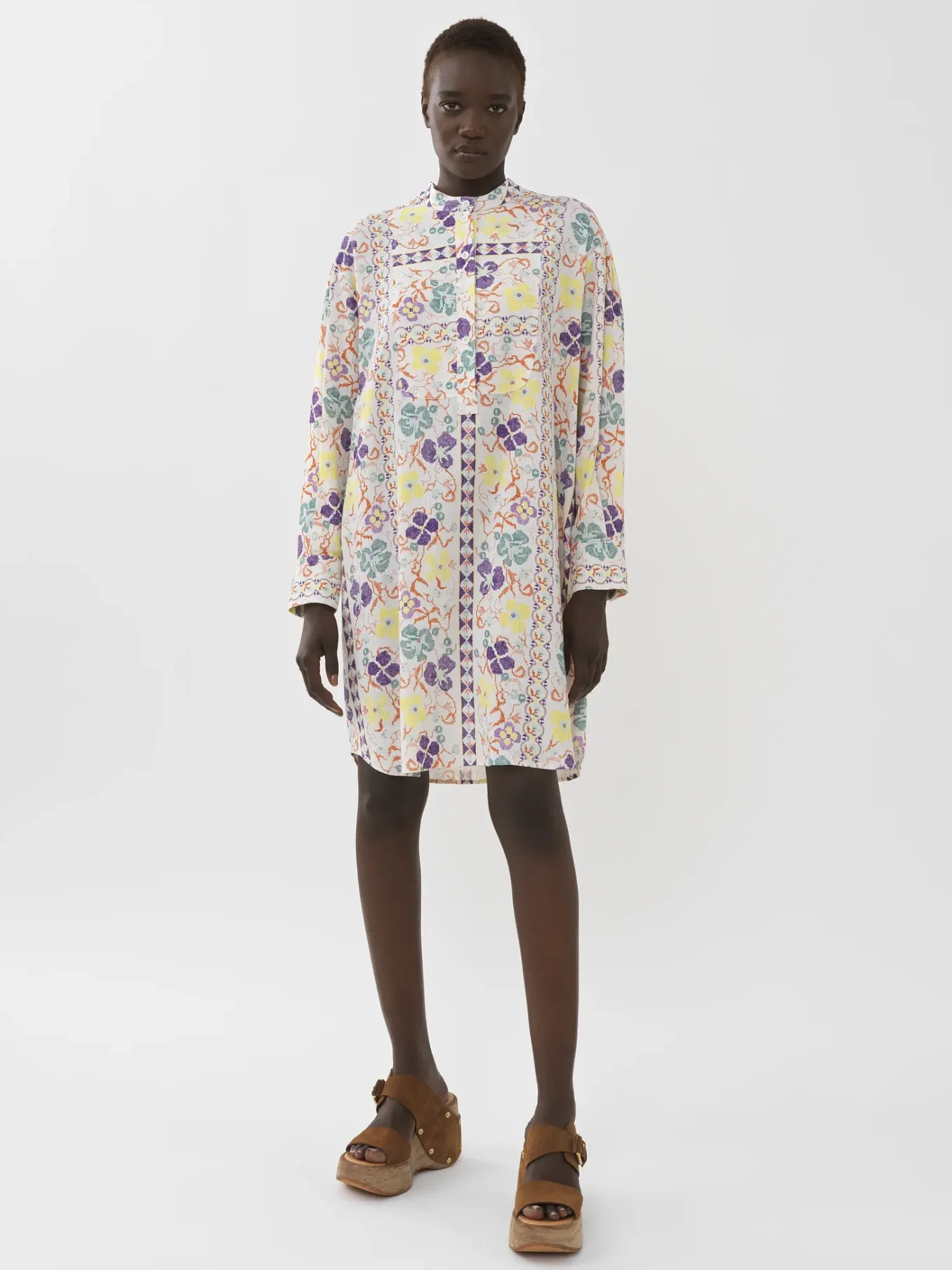 Vêtements-Chloé Robe Chemise Col Mao Multicolor White 1