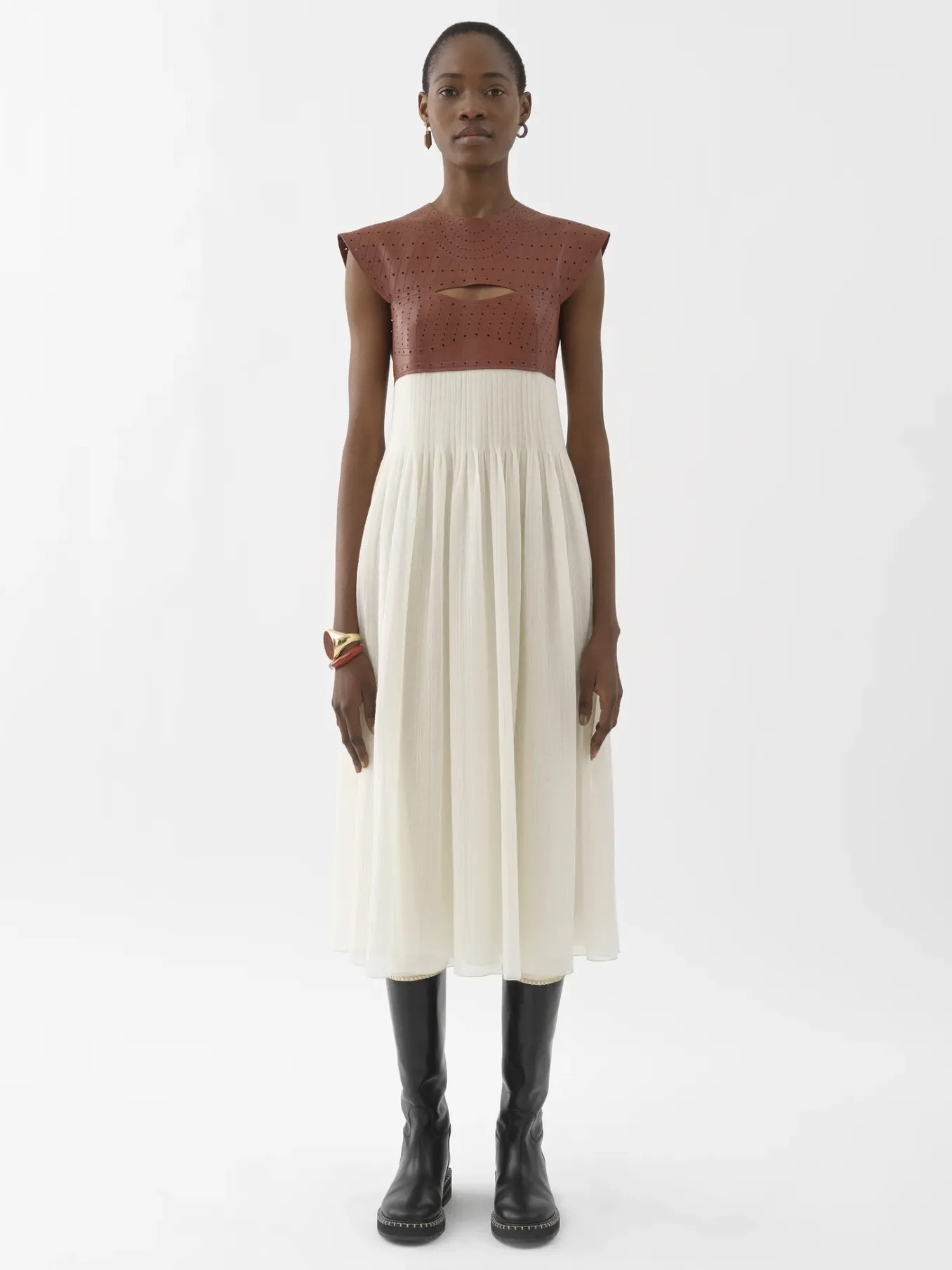 Robes-Chloé Robe Midi Bi-Matiere Brown - White 1