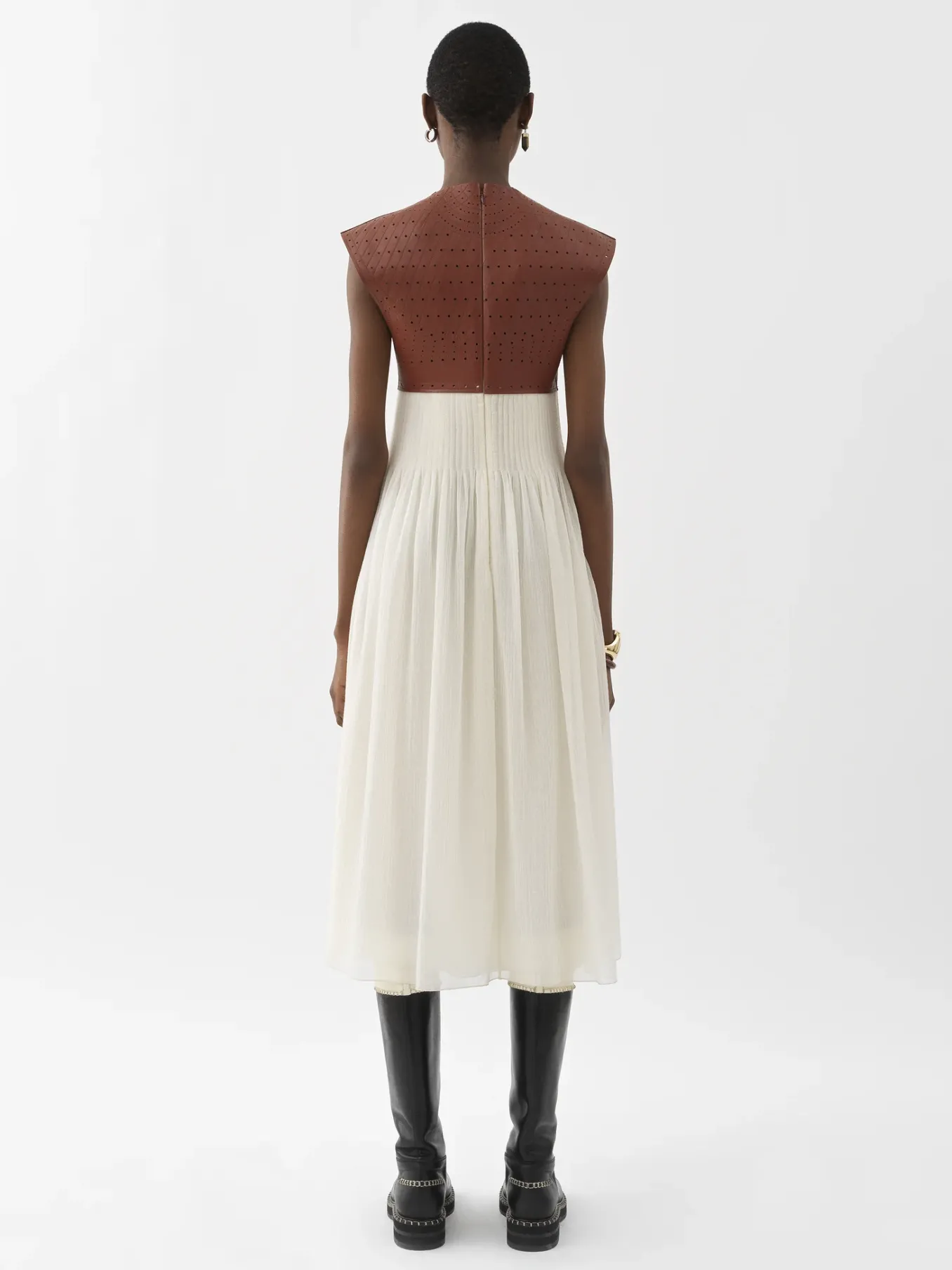 Robes-Chloé Robe Midi Bi-Matiere Brown - White 1