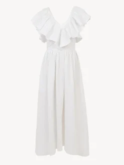 Robes-Chloé Robe Midi Col V Volante Blanc