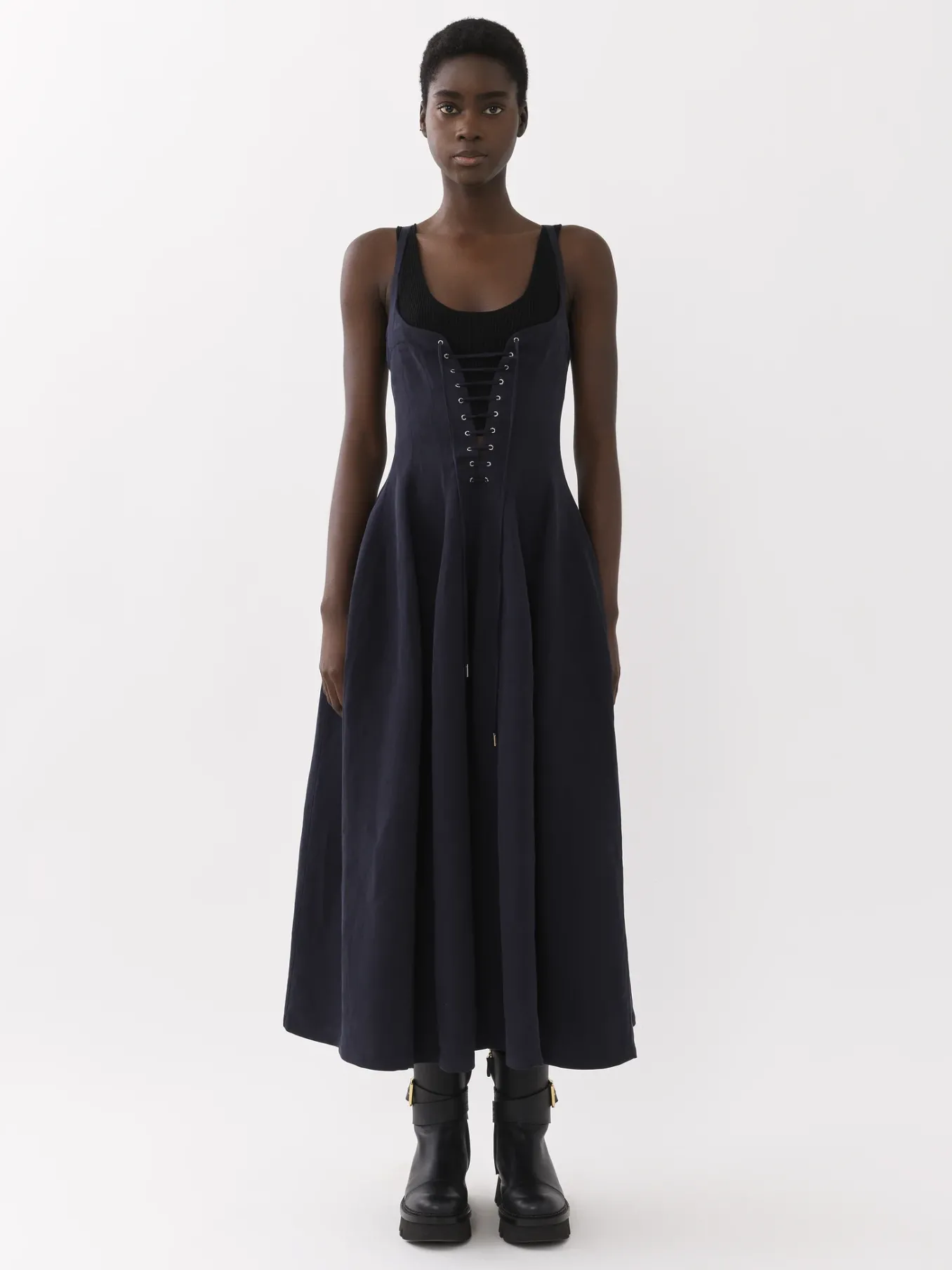 Robes-Chloé Robe Midi Evasee A Lacets Ink Navy