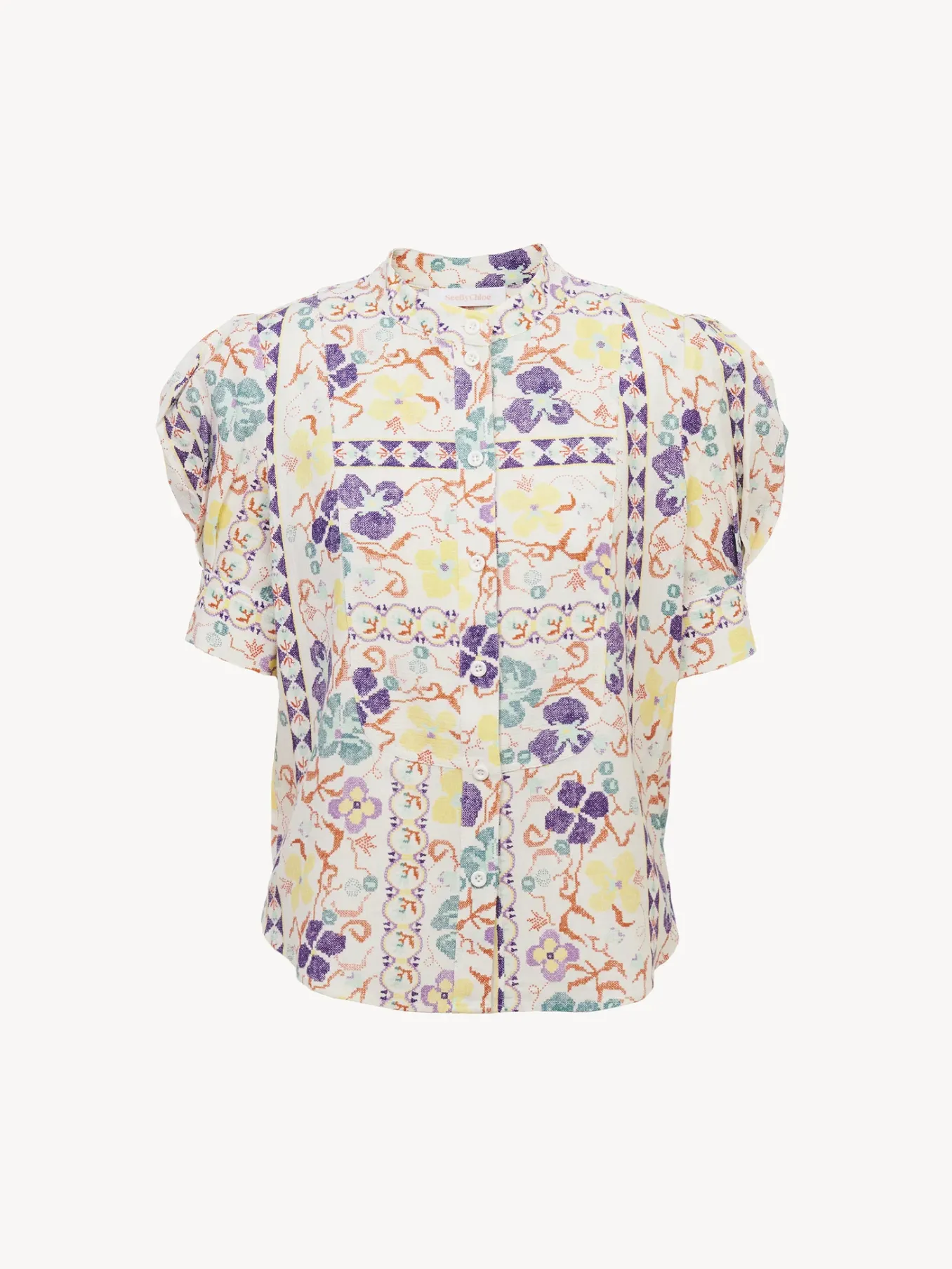 Vêtements-Chloé Top Boutonne Col Mao Multicolor White 1