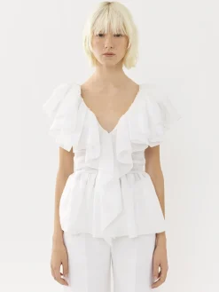 Tops Et Blouses-Chloé Top Col V Volante Blanc